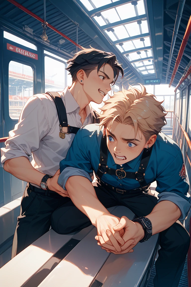2others, 1girl, 1man, (1girl, wearing dirty grey torn dress), BREAK (1man, modern military clothes and vest and cargo pants), holding hands, (size difference:1.5), tumblr, sosaku hanga, doujin, ddlc, zerochan, top quality, best quality, highres, unparalleled masterpiece, perfect artwork, paid reward available, indoor