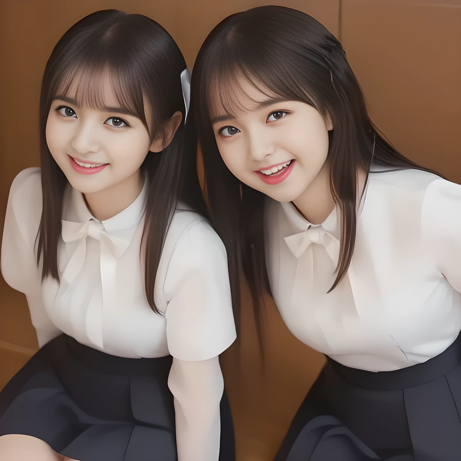 (masterpiece, best quality:1.2), High resolution, 1080P, 8K, 1girl, solo, (((Too beautiful Two zinomy noble lovely idols)) are seated on the viewer's leg and caressing the viewer together. Beautiful face looking down. All the girls are noble, neat, intelligent and beautiful slender, maximum laughter of happiness, neat seducing uniform and skirt: 1.8), (Incredibly well organized pure white face, Glossy lips, Very long black beautiful straight hair like a hair model, (((Pure and clear wet noble smiling large eyes))), (((Noble and neat and noble))) Japanese school uniform, (red cute school ribbon bow-tie), girly & fluttering ((frilled gorgeous expensive white school blouse)), puffed sleeves, (cutest well-pleated noble (navy blue skirt)): 1.9) ,(beautiful legs, white socks and school loafers), (Using expensive face-whitening cosmetics to make her skin more beautiful and pure by professional makeup artist: 1.0), (The neat beautiful two succubi know well about the viewer's super fetishism for school uniforms, and satisfies it completely with skirt: 1.0), (well detailed face and seducing eyes: 1.8), (All the girls are giving the the viewer's one extreme happiness of beautiful hands and skirt: 1.5), (Two beautiful zinomy girls caress and squeeze the viewer's one passionately tenderly together with Beautiful open mouth and hands: 2), (Neat, clean, clear, noble harem atmosphere: 1.8), (hypnosis of angelic (soprano voice chorus) allusion: 2)