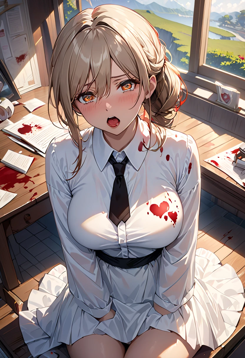 (lying on the ground bleeding:1.3), Lisa, genshin impact, 1 girl, alone, ((white shirt)), black Thighhighs, huge breasts, big breasts, cleavage, uniform, office background, black shorts, office, hair between eyes, messy hair, large chest, long hair, brown hair, red short nails, green eyes, alone, Thighhighs, thick thighs, very long hair, ((masterpiece)), classroom, board, class board, Close ~ eyes, My clothes are covered in blood, slender woman, bloody ground, Twist your hips,