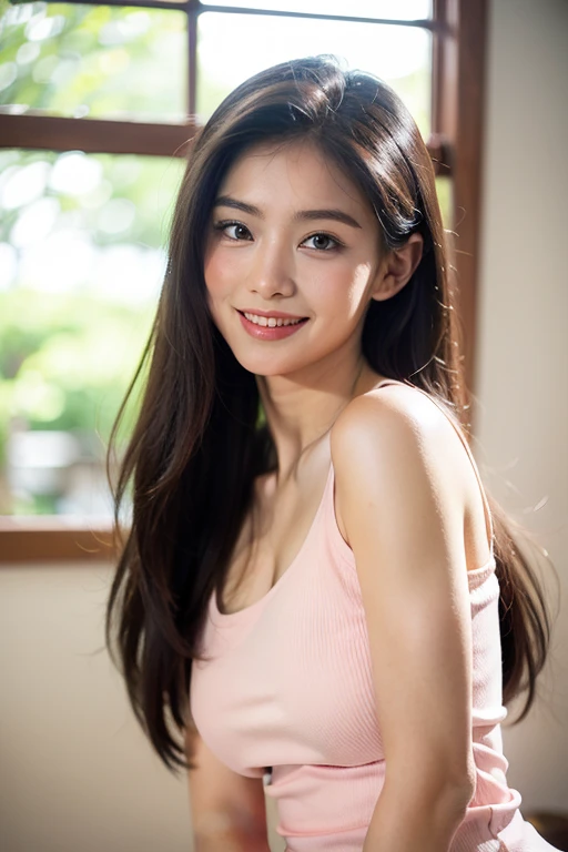 beautiful 21 year old woman。She wears a camisole。She looks ecstatic as if she had an orgasm during sex..。her dark brown hair。High resolution、masterpiece、highest quality、Head w:1.0、((Hasselblad Photos))、fine skin、fine knit、(movie lighting)、clavicle . she is smiling.