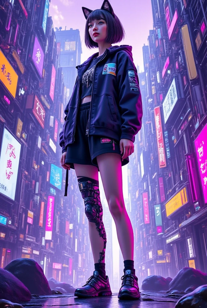 best quality,masterpiece,illustration,1 girl,Alone,full body,fox ears,Mecha,Machine,Gym suit and bloomer ,blank background,Mechanical leg,(蛍光color:1.5),(Laser Violet:1.1),Foxfire,蛍光color、weapons、weapon、16k,(detailed background:1.1)、 アニメstyle、(Detailed view:1.3),  digital art 、(Expression of light and shadow:1.3), (color:1.2), Delicate Description 、(style:1.2), character design、(composition:1.2)。Suzu Hirose、Suzu Hirose、cute、xDimension _weapon
