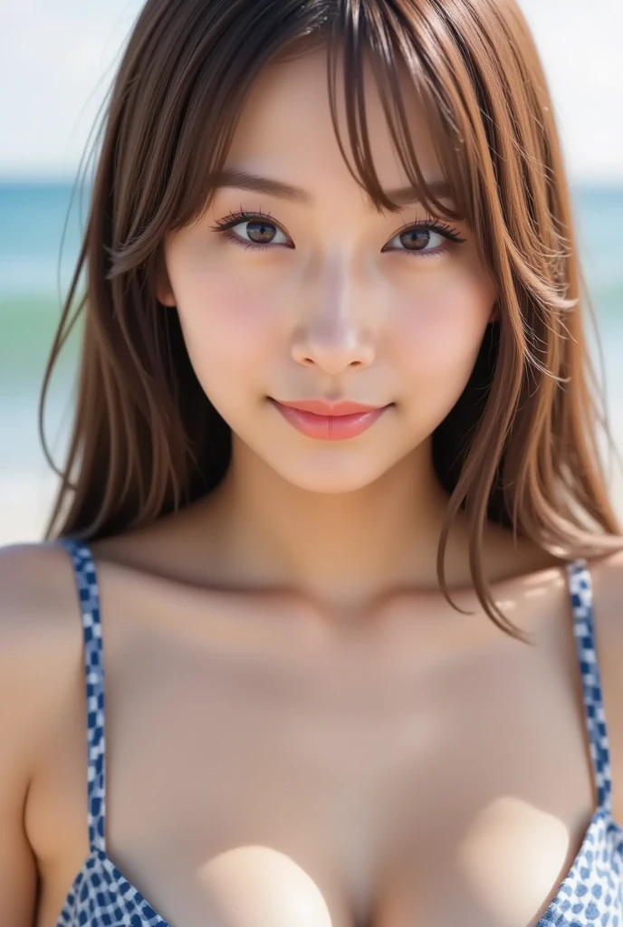 (best quality:1.2, highres), bokeh, full-body shot, 1 high school girl, (busty), brown hair, (nude), (beautiful breasts), big bright eyes, blushing face, smiling, extremely detailed face and skin texture, healthy complexion, (beach), 4k resolution