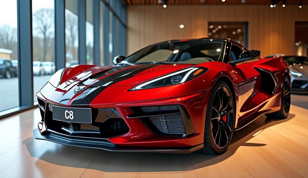 "A hyper-realistic and luxurious Chevrolet Corvette C8 sports car displayed inside a high-end car showroom in Sweden. The car is painted in a stunning metallic red color with black racing stripes, sleek aerodynamic design, and large black alloy wheels. The Corvette logo and the text 'Chevrolet Corvette C8' are clearly written on the straight Front of the car. The showroom has a premium Scandinavian design with glass walls, bright soft lighting, polished wooden floors, and modern architecture. The Front license plate of the car shows 'C8' in bold. The scene looks perfect for a professional car advertisement, with no unwanted reflections on mirrors or windows