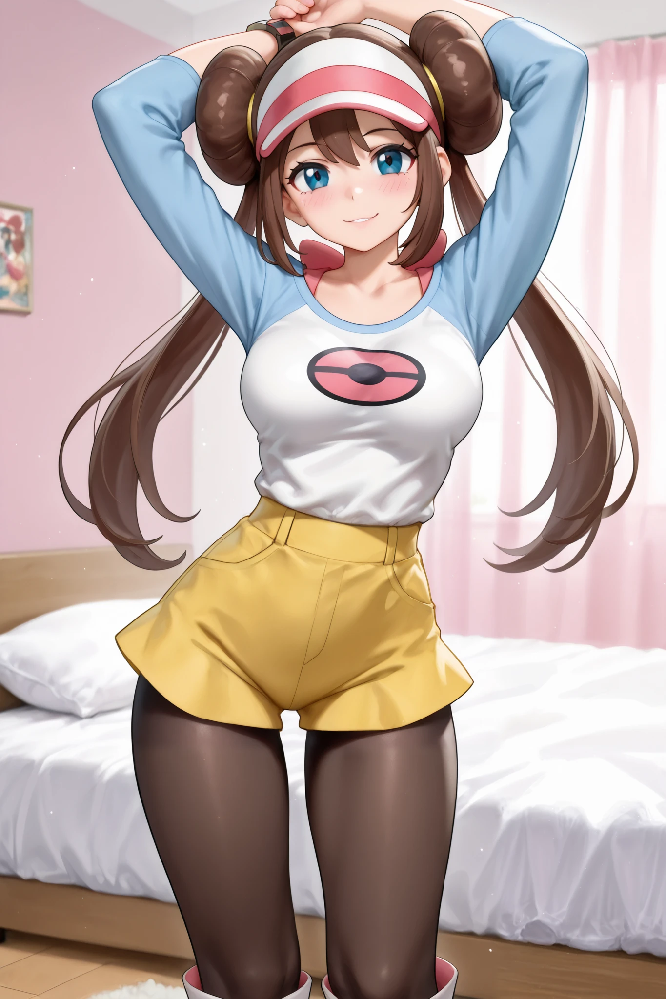 1 girl, solo, female only,
(Rosa\(pokemon\), pokemon character,)
brown hair, double bun, twintails,
blue eyes,
medium breasts, slender,
(Rosa\(pokemon\) outfit,)
Bedroom, girly bedroom, looking at viewer, happy, happy expression, horny, blushing, blushing heavily, lewd, lewd face, aroused,
highres, high detail, very detailed, source_anime, (ecchi, masterpiece, mature female, mature body), best quality, beautiful anime girl, gorgeous anime girl, vivid colors, detailxl, 2DCG, IllusP0s, PonyScores, smooth skin, slender, thin legs, thin waist, thin tighs, pin up,