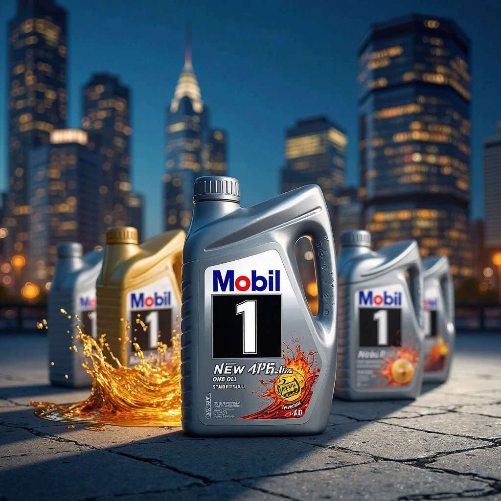 ChatGPT said:
The image features several motor oil containers, with a prominent large silver Mobil 1 New Life 0W-40 fully synthetic motor oil can in the foreground. Behind it, there are additional oil bottles of different shapes and colors. A dynamic splash of golden motor oil is artistically displayed, giving a sense of movement. The background showcases a modern city skyline at night, with illuminated skyscrapers and reflections on the glass buildings. The setting appears to be an outdoor area with a tiled surface, adding depth to the composition.