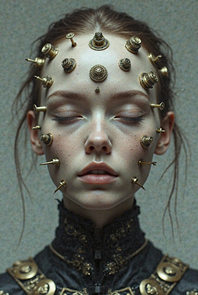 plastic-faced woman, she has a line of what look like fancy thumbtacks encircling her face, pulling her skin back and pinning it in place