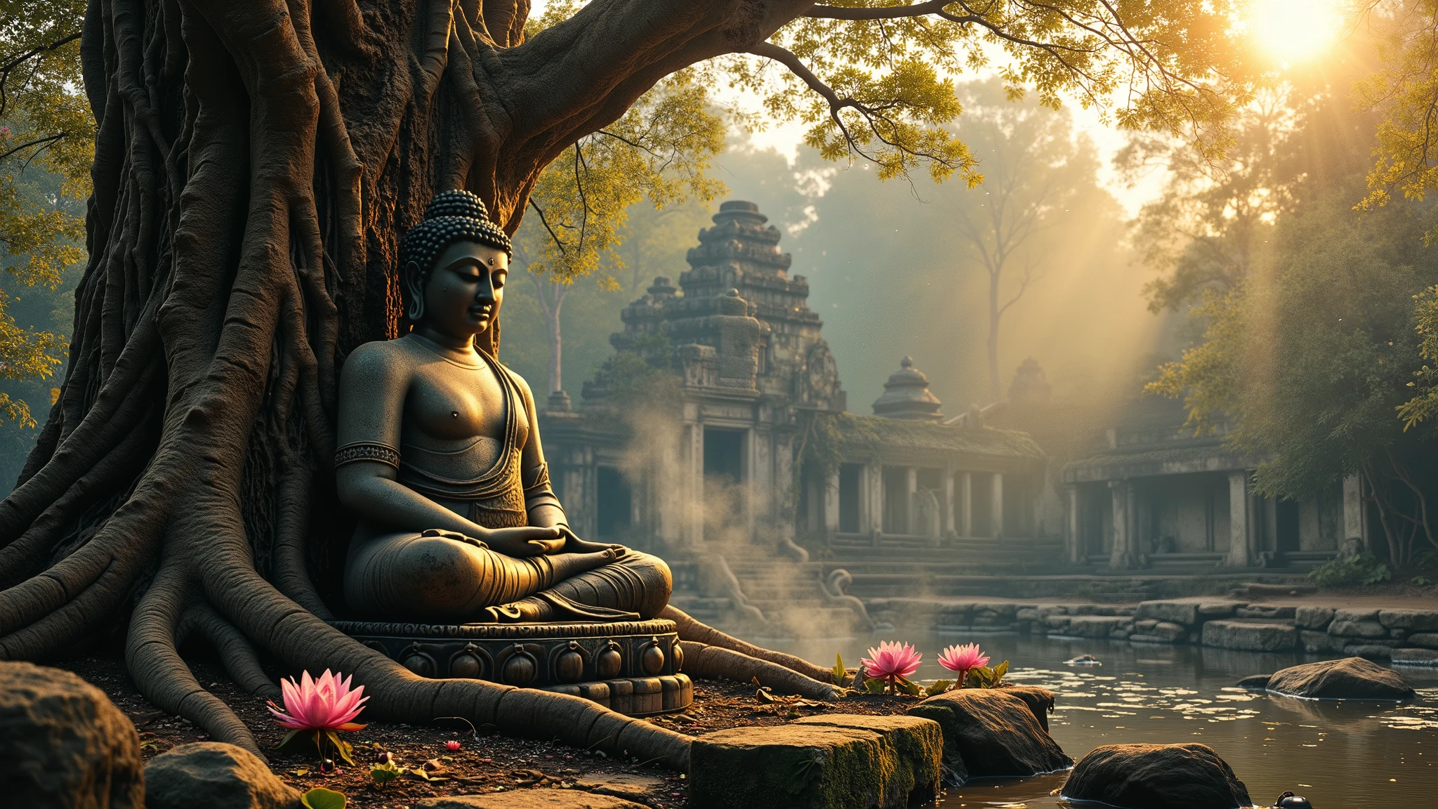 An ancient stone fat Buddha statue, seated cross-legged in a meditative pose, enveloped by the thick, intertwined roots of a sacred tree. The statue is very ancient, composed of multiple stone blocks, with visible joints and signs of wear. Its surface is aged, covered in cracks, moss, and lichen, enhancing its mystical and sacred appearance. The statue is viewed from a three-quarter angle, showing intricate details of its face and body while adding depth to the scene. Some smoke is rising in the air from incense sticks at the foot of the statue. Next to statue there is a pond covered by multiple pink lotus flowers and lotus leafs. There are some stone blocks spreaded on the ground. A soft mist drifts through the air, deepening the mysterious ambiance. In the background, the ruins of a forgotten temple looking like Angkor emerge, partially hidden by dense overgrown tropical vegetation and atmospheric fog. The scene is bathed in the golden light of a setting sun, with soft sun rays piercing through the dense jungle canopy. The atmosphere is spiritual, mysterious, and cinematic, evoking the presence of a sacred site lost in time. High-angle shot
Ultra HD, 8K, photorealistic, hyper-detailed, cinematic lighting, three-quarter view, dramatic shadows, mystical atmosphere, ancient ruins, overgrown jungle temple, golden sunset rays, soft focus background, foggy ambiance, spiritual energy."