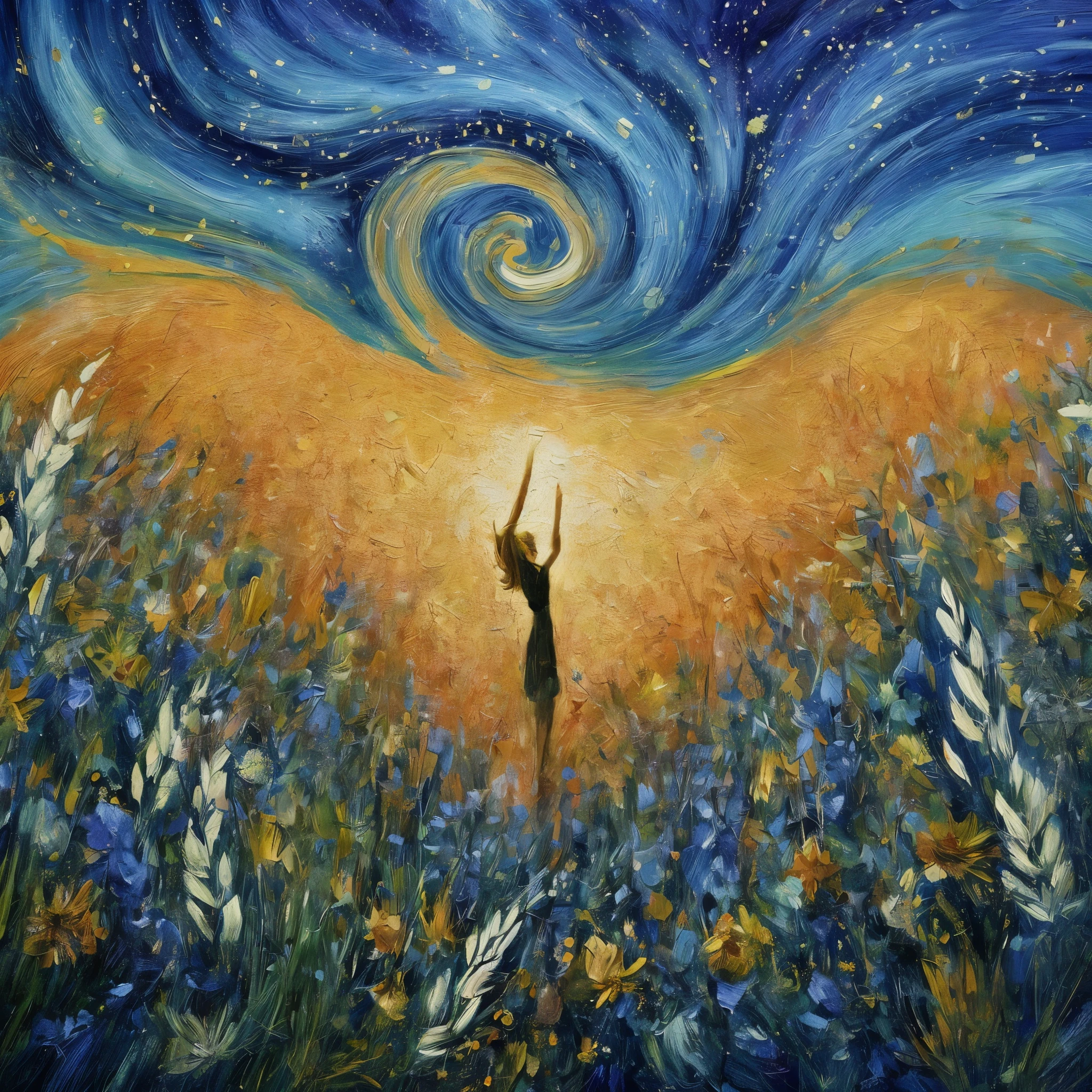 painting depicting a field and herbs, girl in the middle, magical atmosphere, magic background , magical atmosphere, Fantasy Picture HD, magical concept art, A magic meadow , background image , Magical fantasy forest, fantasy art realistic painting, magic composition, Mystery scene , fluid night sky, Beautiful fantasy picture , realistic fantasy painting