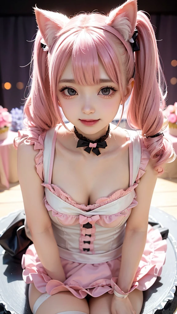 ((highest quality, 8K, masterpiece:1.3)), fine eyes, (View from the front), ((Everything is sparkling、reflected light:1.2)), (Best Ratio: 4 fingers, 1 thumb), Highly detailed face and skin texture, ((perfect proportions, beautiful body, Please show me your whole body:1.5)),Highly detailed CG Unity 8K wallpaper, highest quality, Super detailed, masterpiece, realistic, photo realistic, blush, parted lips , Half body, (perona one piece), pink long hair, blushing, ((contrasting)),( cute face), goth costume, twin tails, Striped Leggings, skirt, smile, buckshot , Suggestive butt shot