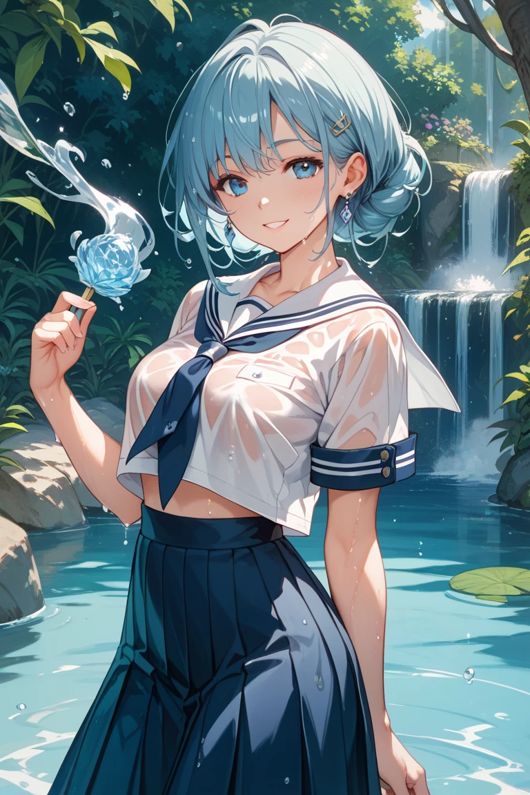 Cornflower art, dreamy, (masterpiece, top quality, perfect anatomy, beautiful face, realistic, super detailed, 1 girl, 18 ears senile, solo, depth of field, canon 24mm lens, f1.4, cute_girl, sailor_ collar, clear facial features, short sleeves, small breasts, slender stature, height 170, barefoot, double ponytail, bangs, gravure pose, outdoor, jungle, Blurred background, (Uwabaki: 1.1576)) Drenched all over body, clear liquid dripping from the crotch, the front of the shirt is exposed, the breasts are visible, transparent bra, light blue striped buns, nrfw,
