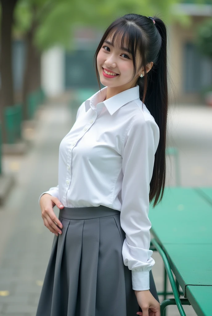 (1 Korean star with royal sister style), ((Best quality, 8K, 巨作: 1.3)), focal point: 1.2, Perfect body beauty: 1.4, (Smile), (Sunset: 1.3), Watery eyes, highly detailed face and skin textures, Fine eyes, Double eyelids, Whitens the skin, (Long colored hair, Air bangs: 1.3), (Round face: 1.5), (Uniform: 1.4), (Sunset West Park: 1.6),(Black stockings: 1.4),(film grain style:1.3),a sense of atmosphere