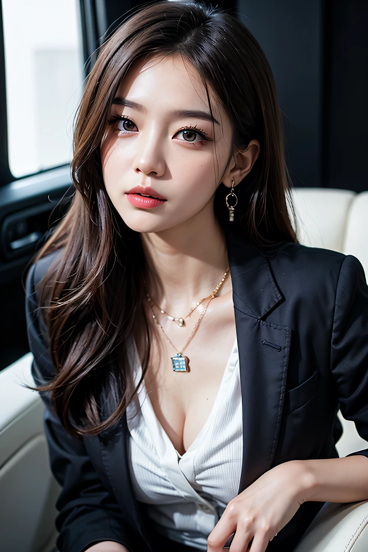 (Best Quality, Masterpiece:1.4), (Realism:1.2), (Realisitc:1.2), (Absurdres:1.2), (photorealistic:1.3), 1 girl,Realistic Skin,Solo,( Very Big Eyes,beautiful detailed eyes, symmetric eyes,), <lora:btnecbla:0.45>,blazer with a deep neckline, Earrings,Necklace,<lora:add_detail:0.5>,Office,Window