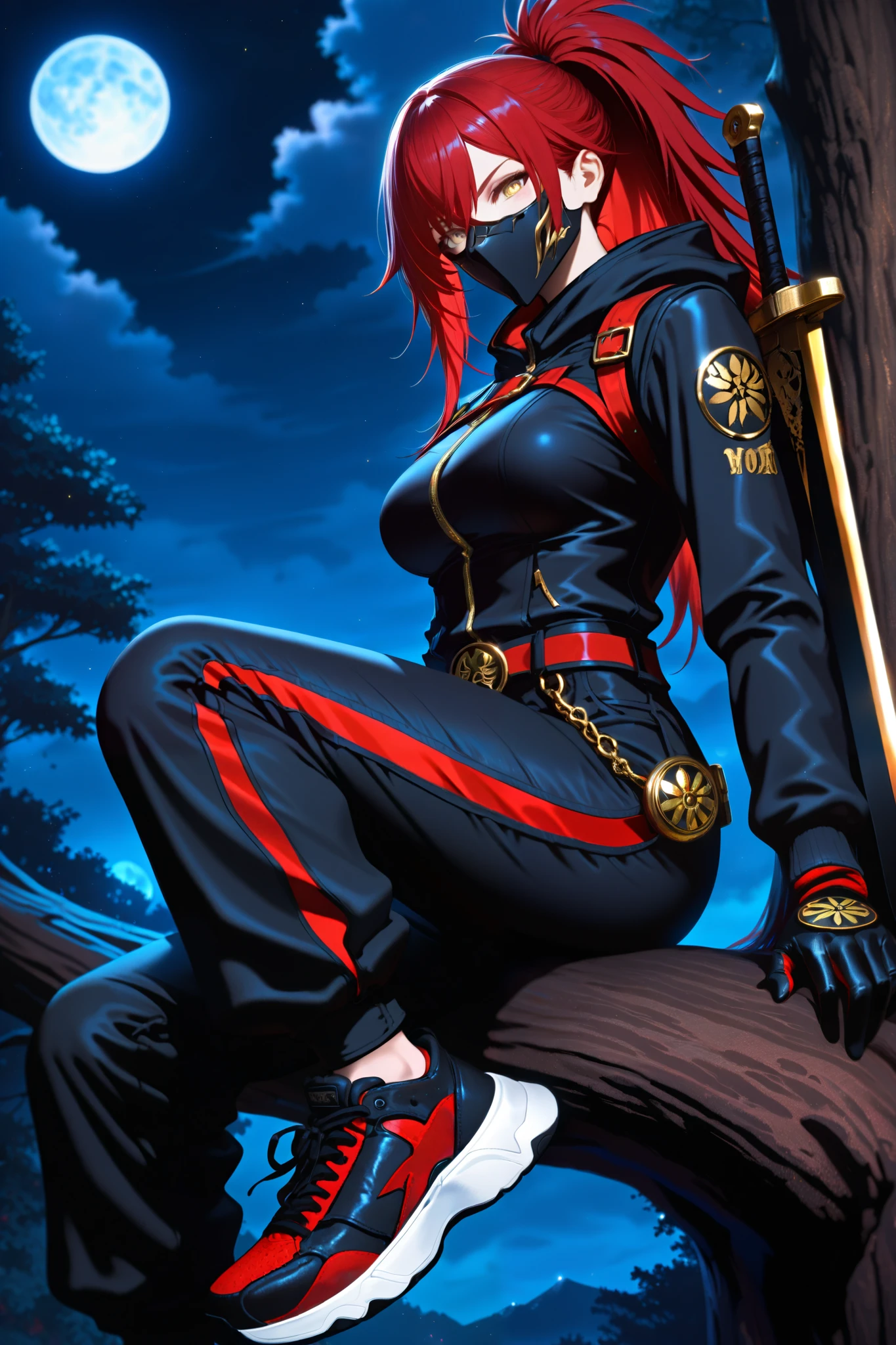 1girl, girl_focus, red hair, long hair, golden eyes, ninja swords, solo, black jacket, gloves, mask, sitting, sneakers, black cargo pants, looking_at_viewer, sitting in a tree, belt, hood, black_pants, black_gloves, weapon_on_back, busty body, full moon, night,