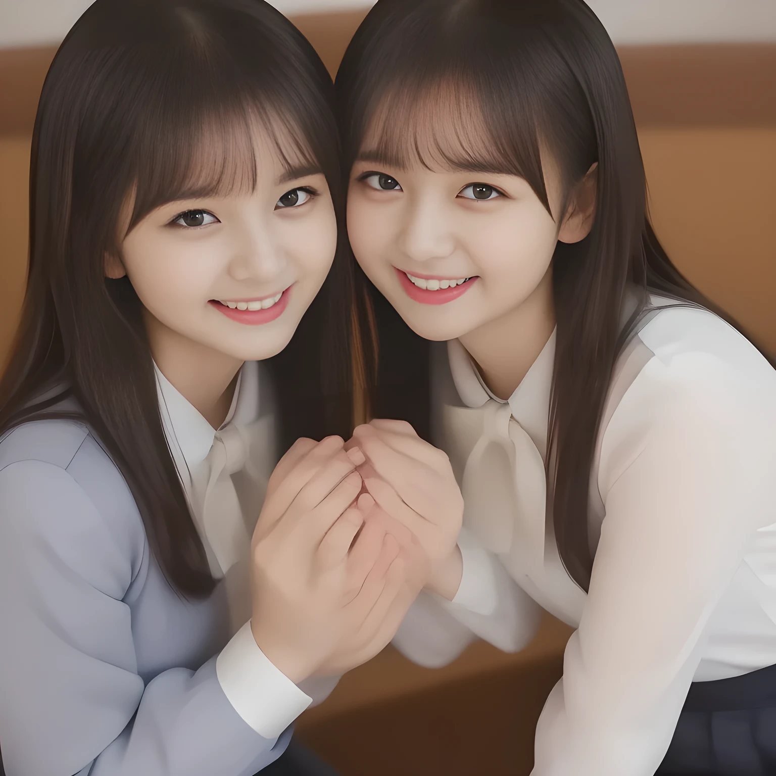 (masterpiece, best quality:1.2), High resolution, 1080P, 8K, 1girl, solo, (((Too beautiful Two zinomy noble lovely idols)) are seated on the viewer's leg and caressing the viewer together. Beautiful face looking down. All the girls are noble, neat, intelligent and beautiful slender, maximum laughter of happiness, neat seducing uniform and skirt: 1.8), (Incredibly well organized pure white face, Glossy lips, Very long black beautiful straight hair like a hair model, (((Pure and clear wet noble smiling fluttering eyes))), (((Noble and neat and noble))) Japanese school uniform, (red cute school ribbon bow-tie), girly & fluttering ((frilled gorgeous expensive white school blouse)), puffed sleeves, (cutest well-pleated noble (navy blue skirt)): 1.9) ,(beautiful legs, white socks and school loafers), (Using expensive face-whitening cosmetics to make her skin more beautiful and pure by professional makeup artist: 1.0), (The neat beautiful two succubi know well about the viewer's super fetishism for school uniforms, and satisfies it completely with skirt: 1.0), (well detailed face and seducing eyes: 1.8), (All the girls are giving the the viewer's one extreme happiness of beautiful hands and skirt: 1.5), (Two beautiful zinomy girls caress and squeeze the viewer's one passionately tenderly together with Beautiful open mouth and hands: 2), (Neat, clean, clear, noble harem atmosphere: 1.8), (hypnosis of (laughing flutter), laughter make me crazy: 2)