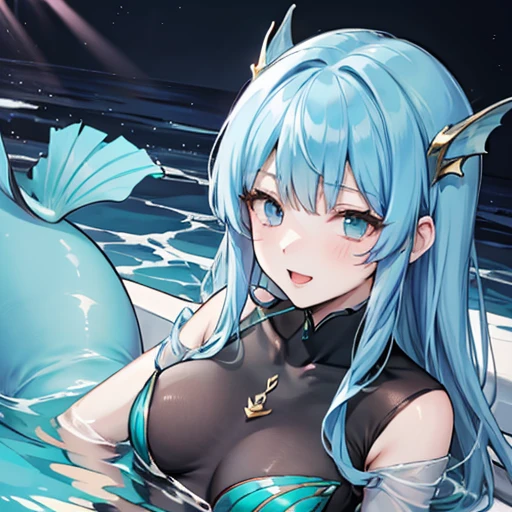 (masterpiece), best quality, expressive eyes, perfect face,1girl,raiden shogun,genshin impact,(glowing purple pupils),big breasts,cleavage,mermaid,(beautiful mermaid tail:1.3),beautiful tail fin,tail ornament,(strapless shell bikini),bare collar,(jewel necklace),lying on stomach,(purple scales),pointy ears,lightning bolts in the sky,bare shoulders,purple elbow gloves,bashful smile,underwater temple,night,dymanic angle,head tilt,glowing purple lightning background,full body,underwater