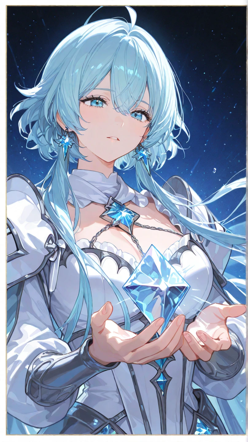 Anime, a girl with blue eyes holding a crystal ball, ice mage, Isekai, epic mage girl character, ice spell, popular isekai anime, a sorceress casting a ice ball, alchemist girl, portrait of a female mage,