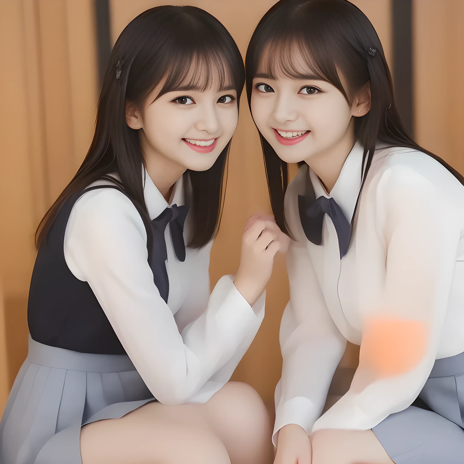 (masterpiece, best quality:1.2), High resolution, 1080P, 8K, 1girl, solo, (((Too beautiful Two zinomy noble lovely idols)) are seated on the viewer's leg and caressing the viewer together. Beautiful face looking down. All the girls are noble, neat, intelligent and beautiful slender, maximum laughter of happiness, neat seducing uniform and skirt: 1.8), (Incredibly well organized pure white face, Glossy lips, Very long black beautiful straight hair like a hair model, (((Pure and clear wet noble smiling fluttering eyes))), (((Noble and neat and noble))) Japanese school uniform, (red cute school ribbon bow-tie), girly & fluttering ((frilled gorgeous expensive white school blouse)), puffed sleeves, (cutest well-pleated noble (navy blue skirt)): 1.9) ,(beautiful legs, white socks and school loafers), (Using expensive face-whitening cosmetics to make her skin more beautiful and pure by professional makeup artist: 1.0), (The neat beautiful two succubi know well about the viewer's super fetishism for school uniforms, and satisfies it completely with skirt: 1.0), (well detailed face and seducing eyes: 1.8), (All the girls are giving the the viewer's one extreme happiness of beautiful hands and skirt: 1.5), (Two beautiful zinomy girls caress and squeeze the viewer's one passionately tenderly together with Beautiful open mouth and hands: 2), (Neat, clean, clear, noble harem atmosphere: 1.8), (hypnosis of (laughing flutter), laughter make me kiss them crazily: 2)