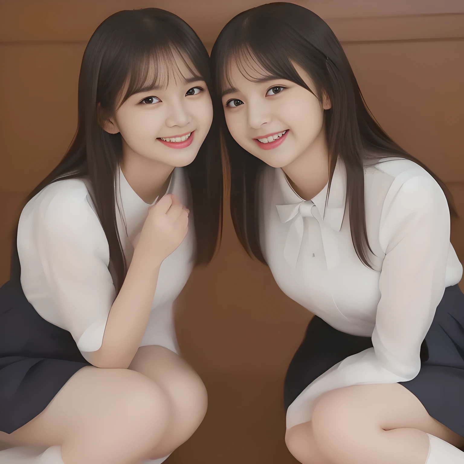 (masterpiece, best quality:1.2), High resolution, 1080P, 8K, 1girl, solo, (((Too beautiful Two zinomy noble lovely idols)) are seated on the viewer's leg and caressing the viewer together. Beautiful face looking down. All the girls are noble, neat, intelligent and beautiful slender, maximum laughter of happiness, neat seducing uniform and skirt: 1.8), (Incredibly well organized pure white face, Glossy lips, Very long black beautiful straight hair like a hair model, (((Pure and clear wet noble smiling fluttering eyes))), (((Noble and neat and noble))) Japanese school uniform, (red cute school ribbon bow-tie), girly & fluttering ((frilled gorgeous expensive white school blouse)), puffed sleeves, (cutest well-pleated noble (navy blue skirt)): 1.9) ,(beautiful legs, white socks and school loafers), (Using expensive face-whitening cosmetics to make her skin more beautiful and pure by professional makeup artist: 1.0), (The neat beautiful two succubi know well about the viewer's super fetishism for school uniforms, and satisfies it completely with skirt: 1.0), (well detailed face and seducing eyes: 1.8), (All the girls are giving the the viewer's one extreme happiness of beautiful hands and skirt: 1.5), (Two beautiful zinomy girls caress and squeeze the viewer's one passionately tenderly together with Beautiful open mouth and hands: 2), (Neat, clean, clear, noble harem atmosphere: 1.8), (hypnosis of (laughing flutter), laughter make me kiss them crazily: 2)