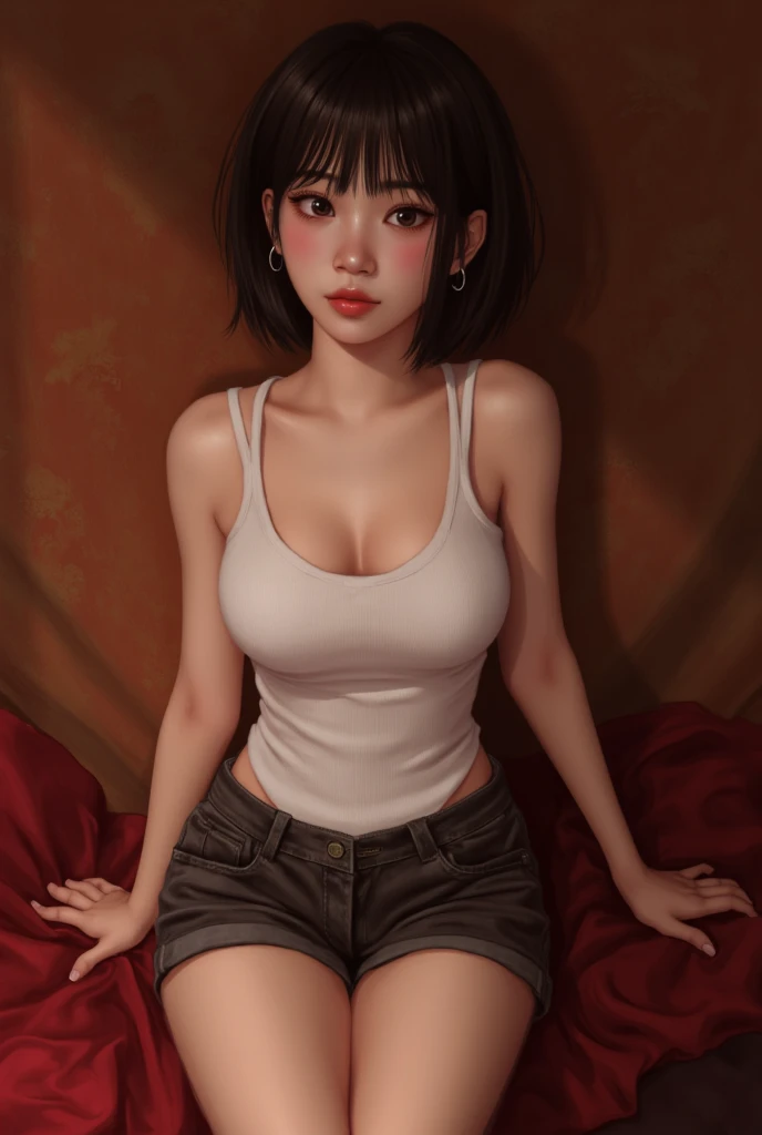  (Beautiful Korean woman who looks like Kim Chae-Won looking at viewer:1.5),(short platinum blonde hair with straight bangs:1.2), 26 years old,brown eyes, surprised candid look, coy smile, no forehead, light freckles on nose bridg, bare shoulders , black choker, small waist, tank top, wearing pink thong, slender legs 