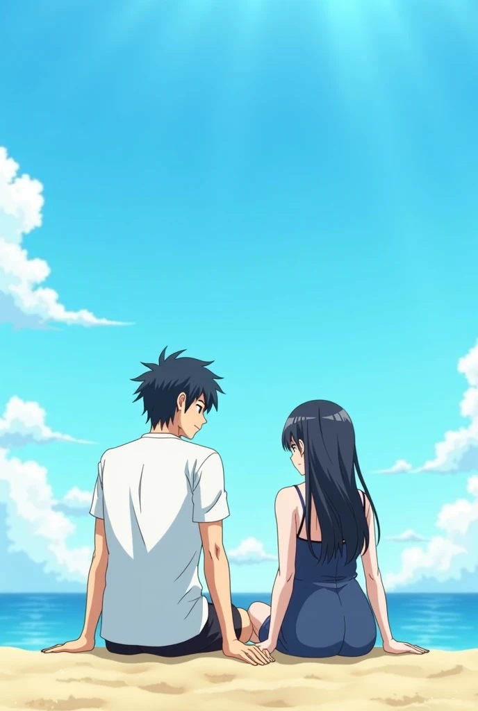 1 man, 1 girl. Man in right with black hair and black eyes with fair skin. Girl in left with tan skin and black medium length hair and black eyes. They both in clouds. ((Blue and purple colouring)) ((Extremely good rendering)) ((Detailed hair))
