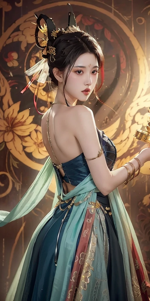 1girl，Dunhuang flying costume，Long messy hair，zydG，Dunhuang style，A lot of smoke，exquisite，elegant colors，realisticlying，Raised sexy，Bigchest，high detal，tmasterpiece，ultra - detailed，dynamic angle，Mural background，water ink，astounding，cinmatic lighting，illustratio，lightand shade contrast，The light from the back window is backlighted，God Ray，lotuses，lotus flower，Best quality at best，Best quality at best，anatomy correct，Surrealism, drop shadow, anaglyph, stereogram, tachi-e, pov, atmospheric perspective, 8k, super detail, ccurate, best quality, anatomically correct, high details, best quality, high quality, highres