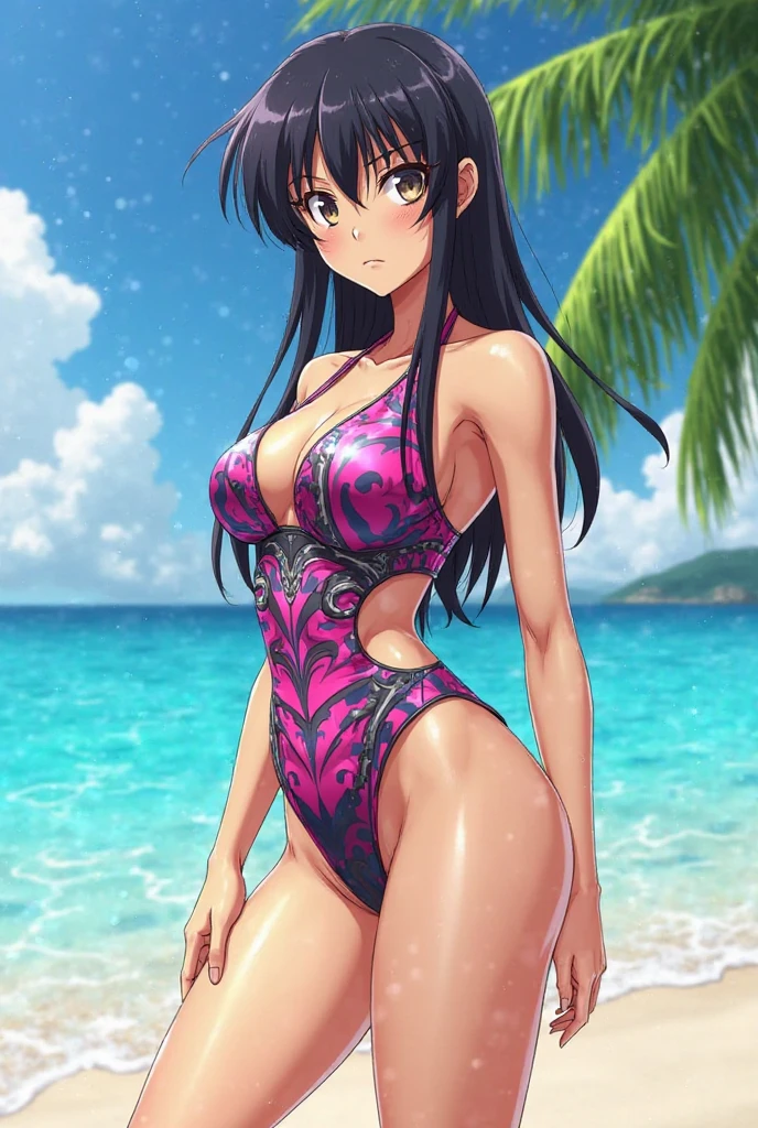 One girl, alone, masterpiece, Highest quality,  Pink Cross Lace One Piece Swimsuit, Large Breasts,Black Hair