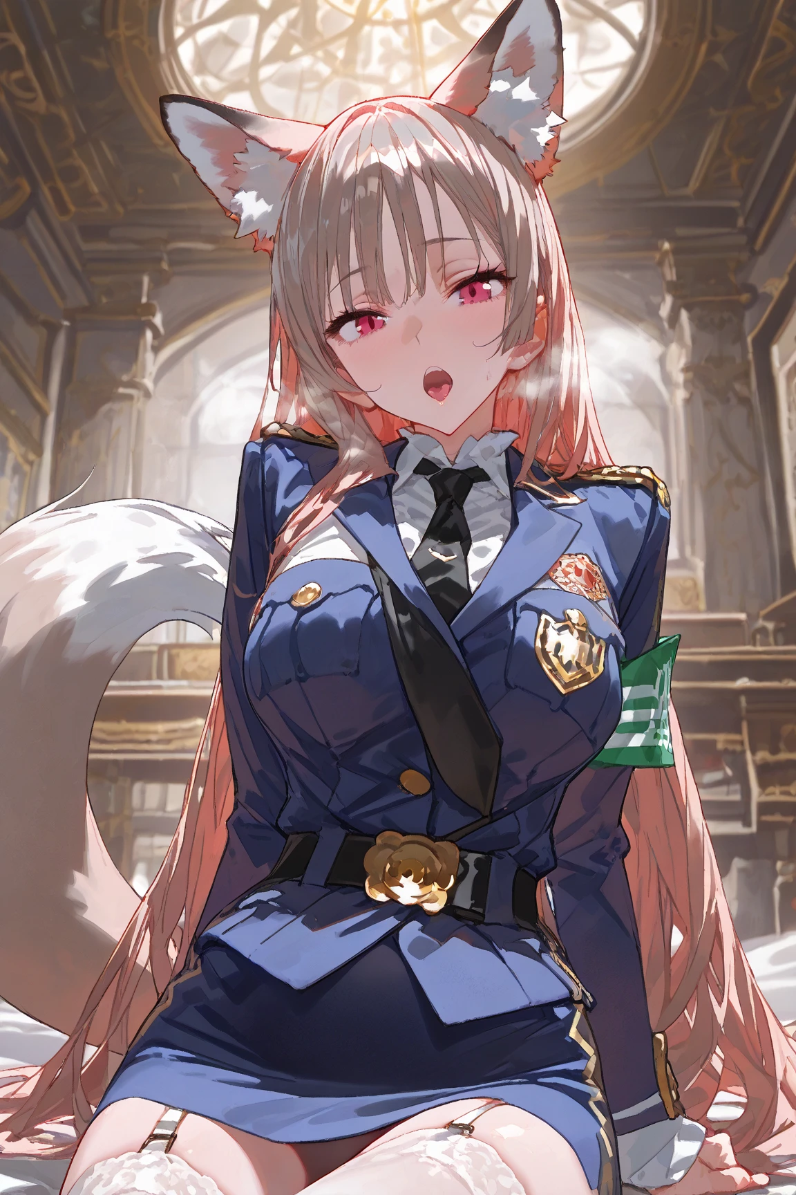 tmasterpiece,Highest high resolution,8k wallpaper,Highest drawing quality),1 girl,(Huge fox tail),Brown hair,Green-eyed,Small flower headdress,(21-year-old college student_C cup,modernn architecture, 摩洛解放阵线, At home,Dress up as a policewoman,The succubus smile,Love floating in the air,Look from the bottom up,