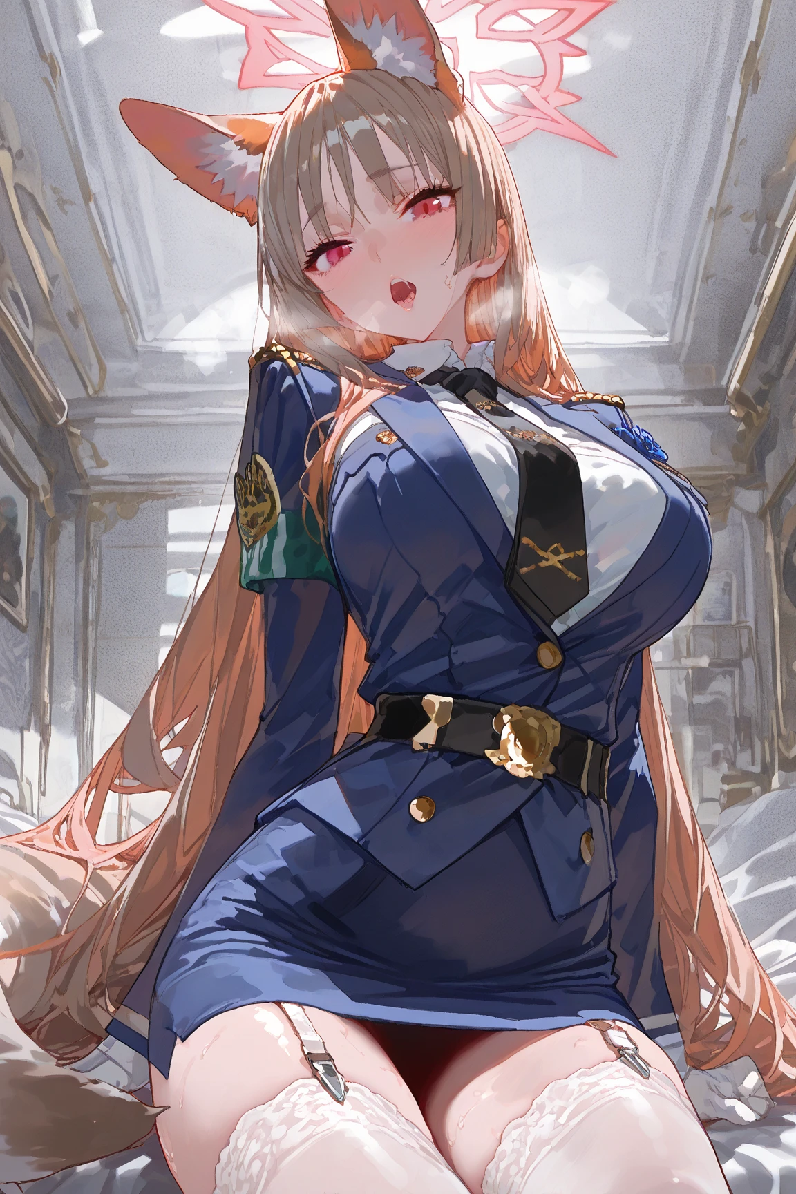 sitting, spread-out legs, view from below, Elaine Auclair, long hair, 1girl, braid, crown braid, jewelry, earrings, gloves, big breasts, jacket, choker, thighhighs, hair between eyes, cleavage, shorts, thigh boots, night time, shadow, green beret, green hat, aroused facial expression, open mouth, blush, sweat
