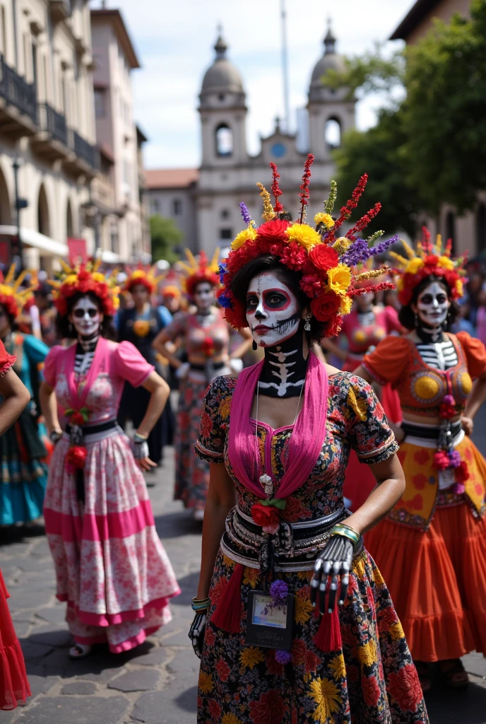 "Day of the Dead Celebration": A panoramic image depicting a vibrant Day of the Dead celebration, with Catrina La Muerte at the center of the festivities, surrounded by colorful altars, marigold flowers, flickering candles, and joyful crowds dressed in traditional attire, Surrealism, color field printing, high detail, UHD, 8k, anatomically correct, cinematic lighting 4d quality --auto --s2