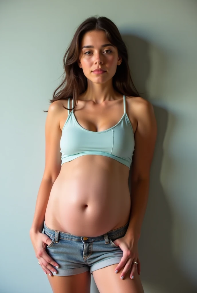 (high resolution、high quality、High resolution、masterpiece、detailed、8K)、(Mature Woman)、length, Messy, curly light brown hair、(Huge boobs)、(Wearing small tank tops and small pants that make your breasts and belly button look larger:1.5)、Show your armpits and put your hands on your hips、standing、I'During pregnancy、(Old Apartment)、(A room littered with toys)、(The walls are very dirty)、