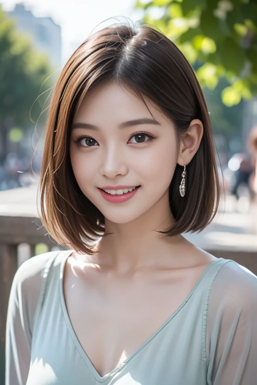 masutepiece, Best Quality, Illustration, Ultra-detailed, finely detail, hight resolution, 8K Wallpaper, Perfect dynamic composition, Beautiful detailed eyes, Women's Fashion,Very short hair,Small breasts natural color lip, Bold sexy poses,Smile,Harajuku、20 years girl、Cute、Sexy shot looking at camera