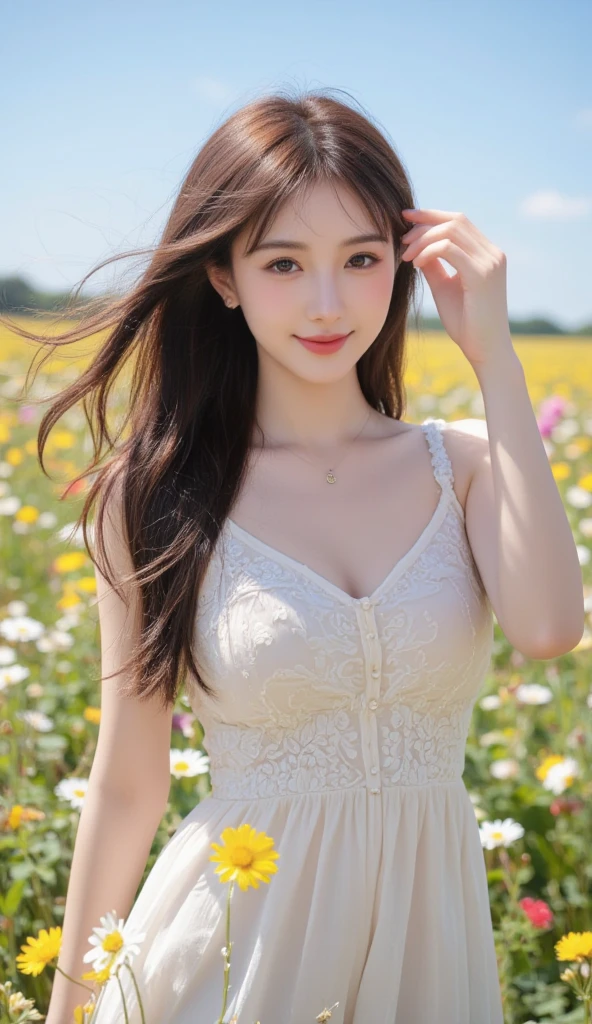 top-quality,fullbody shot,,super high resolution,(Realistic:1.4),Raw photography,
highest quality、masterpiece、超A high resolution、(Photorealistic:1.4)、RAW Photos、1 girl、White Dress、Off the shoulder、Flower Field、Glowing Skin、A light smile、Braided hair、Floating Hair、Rape flower field、Backwards、Backwards , Straw hat , huge shy smile , big eyes , heart-shaped pupils , blush , pout , random cute pose , Have a barbecue:1.5 , Reaching out , Grilled meat , picnic