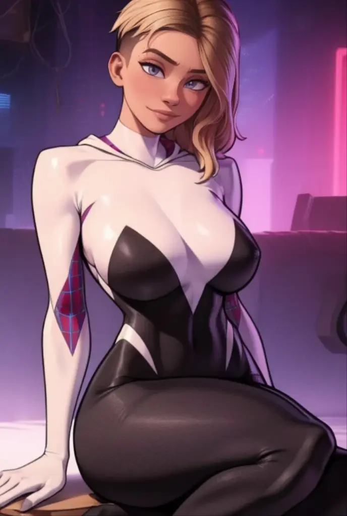 (((solo,1woman, mature, alone))), sgwen, ((short hair, blonde hair, colored hair, glowing blue eyes, wide eyes, lipstick, makeup, narrow waist, skinny, medium breasts)), pelvic curtain, ((body suit)), full body, perfect body, (insanely detailed, beautiful detailed face, masterpiece, best quality), (extremely detailed 8k paper CG wall unit: 1.1), (bedroom, dusk), (naughty face for the viewer), bent over, big ass, View from behind, Diagonal view