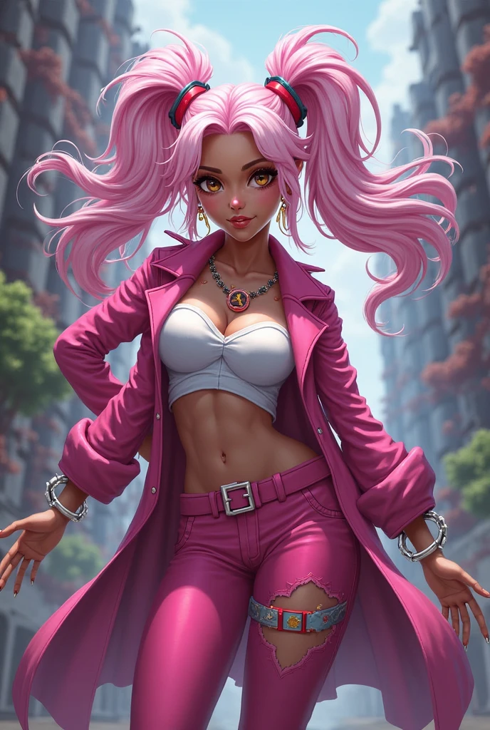 Create a full-body character with pink hair and tied with two cocks