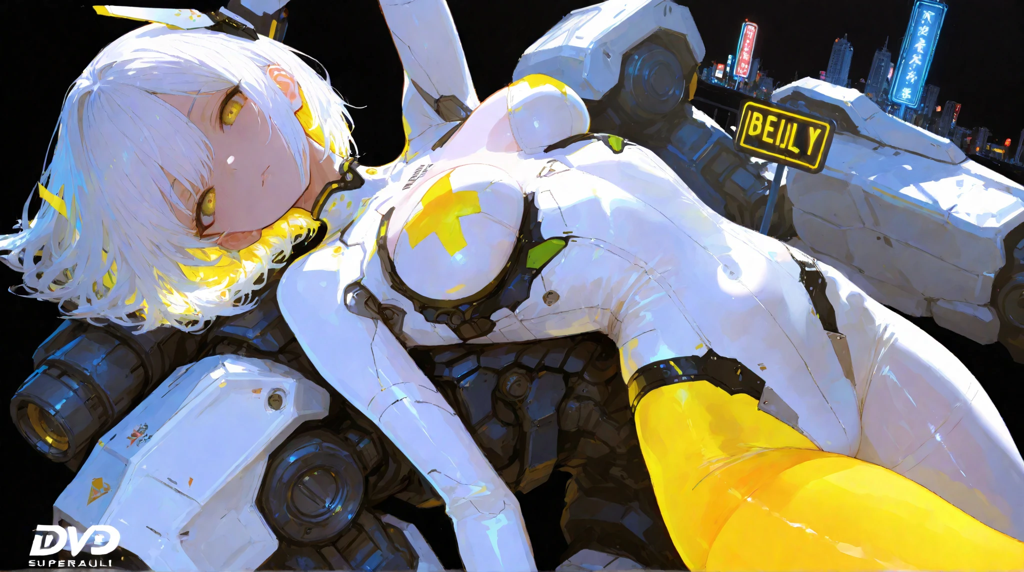 A girl who was taken into a robot as a biological unit,Leg spread,Spread your arms,Bend your knees,Limb restraints,Nipples,genital,Pussy,Combat Robot,Yellow aircraft,Red fuselage,Blue-green light,Fusion with machines,Mechanical blindfold,Not free,The limbs are integrated with the robot.,Large weapons,A girl is violated in the vagina by a mechanical penis