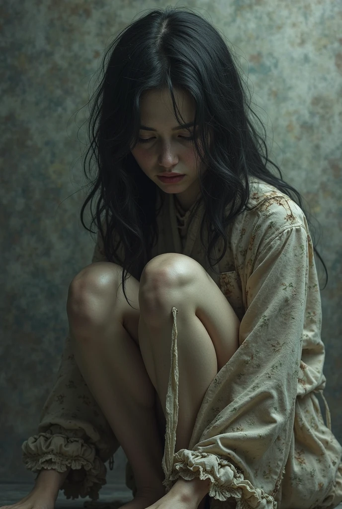 (YES SFW), A dressed girl desperately needs to relieve herself、(she wears a veil and a rag, a sheet around her waist, a shawl on her shoulders), (Correct anatomy of the fingers)、（Draw hands and feet separately)、very beautiful、Ideal proportions、small breasts、Very stylish、barefoot、(in a dark and dirty basement:1.37)、(((neat woman, Bright-eyed excitement, Pained expression,blush,half-closed eyes,please touch me,tempting viewer,i want you))),(sitting down,spread the legs apart,navy panties, (Squat with your legs wide apart:1.37), skirt on knees、(Place your hands on your knees and skirt)、(Anguished expression:1.4)、looking at the camera、Close-up、highest quality、Super detailed、Real、Beautiful proportions、Vibrant colors、Sharp focus、Tense atmosphere、Classical composition、art、Striking details、Artistic subtleties、Harmonious color palette、Sublime Beauty、Aesthetic perfection、Captivating eyes、Pure brilliance、Impeccable Features、Dreamy atmosphere、Sophisticated style、Timeless elegance、Finishing the masterpiece、Exquisite craftsmanship、Meticulous attention to detail、Sublime proportions、Artistic excellence、living work of art、Otherworldly charm、Fairytale-like setting、Unforgettable gaze、Majestic presence、natural breasts, Smoke and clouds roil around her, adding to the sense of epic scale and drama. The lighting is dark, gloomy, and realistic, creating a tense and ominous atmosphere. The perspective is from below, emphasizing the sheer majesty and power of the girl. [The character is surrounded by mist, evoking a mysterious and eerie atmosphere. The lighting is dark and atmospheric, with a red smoke adding a touch of sinister ambiance. The image is of the best quality, with a resolution of 4k and HDR enhancement, showcasing the utmost level of detail and realism, sfw, full body shot.]