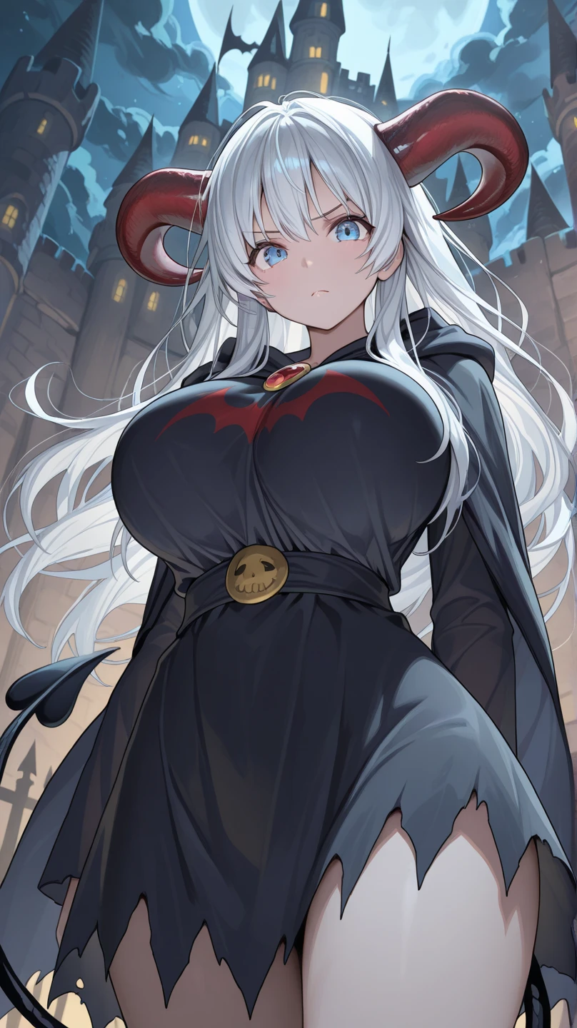 Masterpiece, very detailed, ultra detailed, one, (1 woman), She is in a red witch dress with black details, a black witch hat with red details and in an elegant pose, super mature, tall, mother, mature mother, super long hair, bright white straight hair and bangs on the sides, beautiful, charming, black sclera and blood red eyes, elegant, big breasts (huge, torn), cheerful breasts, lustful smile, crazy smile, toothy smile, charming, dark background, atmosphere against the background of a huge red aura around her.