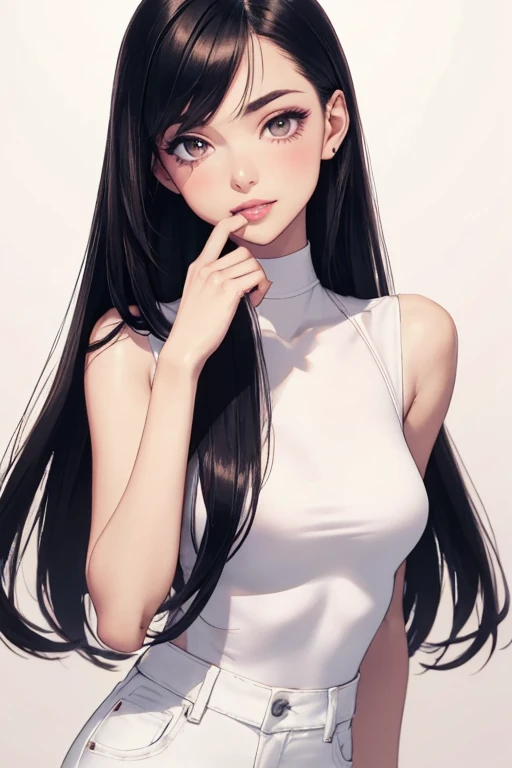highest quality、Realistic、girl、zoom、cute、Grey Eyes、Black Hair、the forehead is protruding、long hair、Tank top、mini skirt、Looking down、smile、Bust Shot、thin、Small breasts