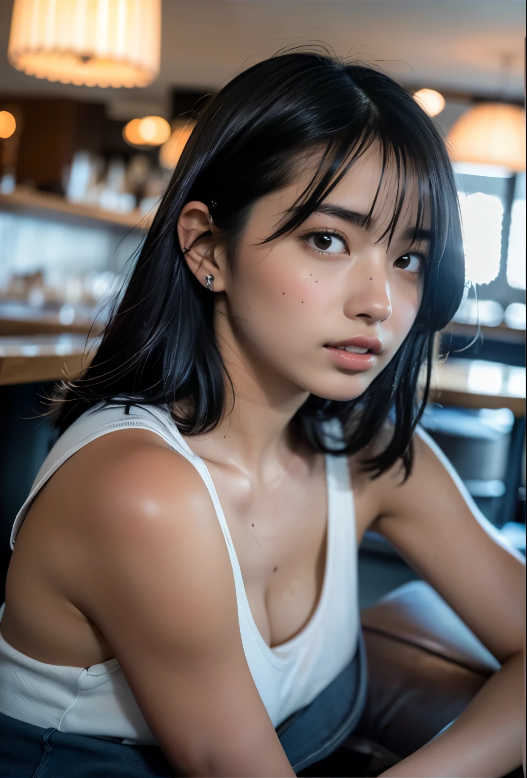 (((Realistic skin texture, skin pores))), Ultra-fine painting, Sharp Focus, Physically-based rendering, extreme detail description, Professional, photograph realistic, ((She is at the hotel bar)), Highly detailed beautiful woman, cleavage, (((big ))), Realistic female hands, viewer, blush, ((Embarrassed look))), (top quality, The best illustrations, resolution:1.2), (masterpiece:1.5), (Ecstatic expression:1.5), ((((face up, close up sexy shot, cute,)))), pretty face, (Mysterious charm:1.1), HD texture, High Quality Shadows, beautiful and delicate face, Beautiful and delicate sticky liquid dripping from eyes, ray tracing, cute K-POP girl, Thin face, (beautiful and delicate face, beautiful and delicate eyes, Perfectly Balanced Face, high definition skin, detailed skin, The optimal ratio is 4 fingers and 1 thumb :1.25), portrait rendering, (truth, truth:1.4), cheek, glossy lips, Wide leg pants: For pants, Choose a wide-leg design、Combines ease of movement and style,