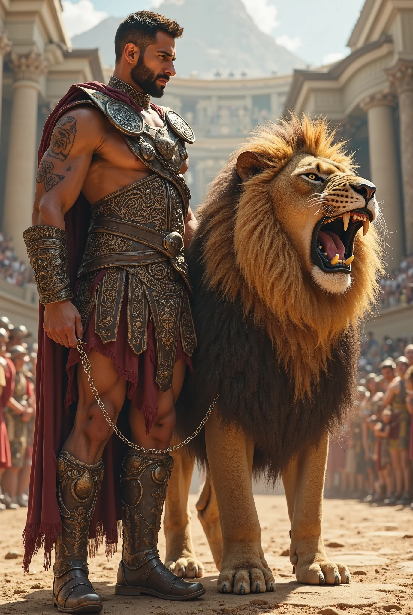 a powerful lion standing next to a muscular man, detailed ???????, dramatic lighting, cinematic composition, epic fantasy scene, dramatic colors, moody atmosphere, realistic 3d rendering, highly detailed, masterpiece, photorealistic