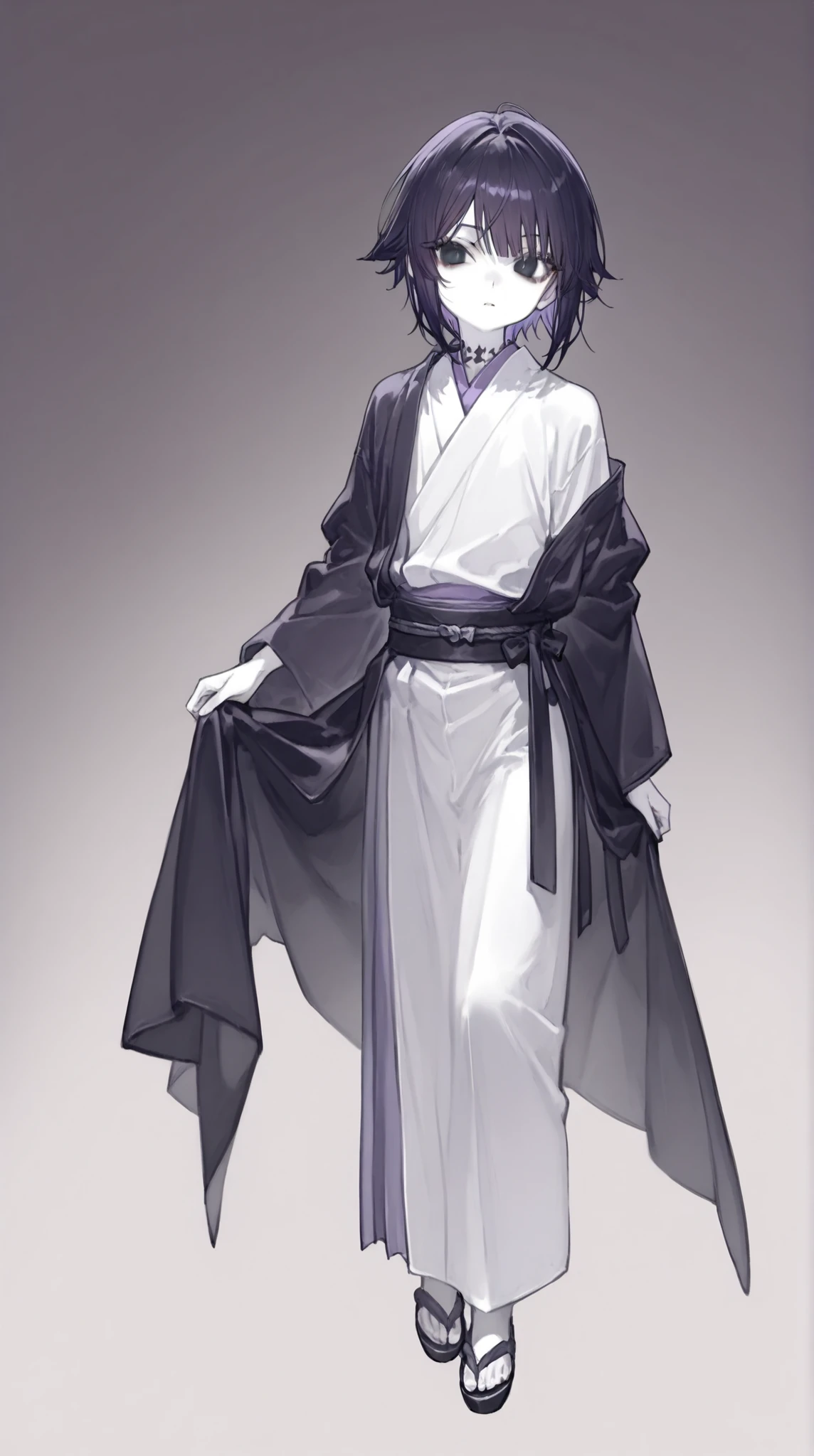 masterpiece、Close、Super high quality、Highest Quality、 、boy 、Young man、 boy 、 suspicious、 smooth hair、short hair、anime style、((Black purple hair:1.5))、((black eyes:1.5))、bungs 、pure white skin、Original Character、intricate design、Unique Design、Long Lashes、full body drawing、 request 、Possible Adoption、full body、background、((White background:1.5))、full body、pure white skin、solid background、background-free、characters only、Japanese style、 kimono。