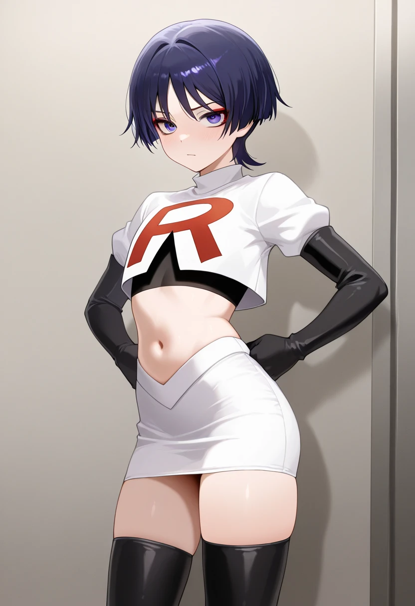 absurdres,masterpiece, trap, best quality, highres, high quality, 1boy, solo, male focus, hair, crossdressing,1boy,team rocket,team rocket uniform,white skirt,red letter R,crop top,black thigh-highs,black elbow gloves, embarrassed, blush