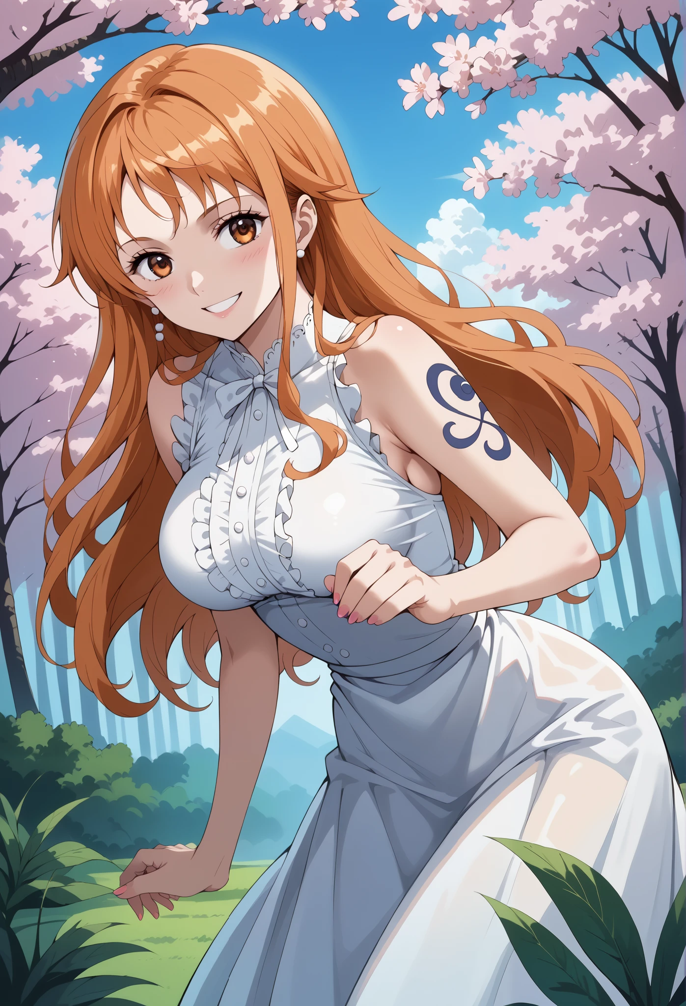 score_9, score_8_up, score_7_up, source_anime, 4K,perfect fingers,(perfect hands, perfect anatomy),prefect lighting, very aesthetic, intricate details,highly detailed background, masterpiece, high quality, best quality,
1girl,solo,onepiecenami, nami, long hair, orange hair, brown eyes, large breasts,,
wearing ((casual dress,frills,ornate clothing, )),,
forest, sakura, cherry blossoms,action pose, looking at viewer, head tilt, playful smile,from behind, leaning forward, looking at viewer,