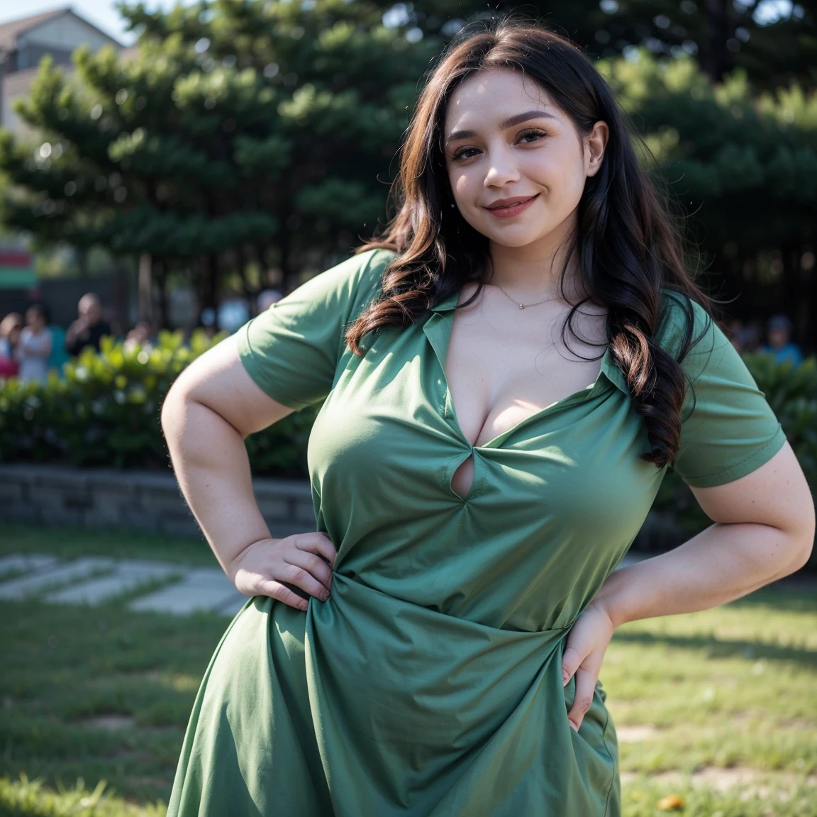 ((best quality)), a very pretty dark haired and attractive model 28 years old with green eyes and voluptuous perfect body. Very realistic. Wearing a flowered dress in a crowd of people.