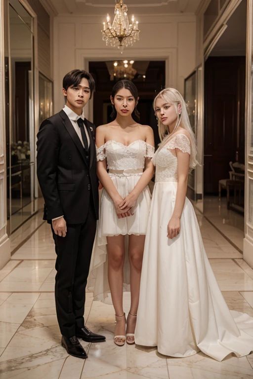 Create a detailed Disney cartoon image of a beautiful white woman with blonde hair and pink eyes who is at a wedding and wearing a red wedding dress with a long red skirt showing off her beautiful red high heels that she wears. In addition, she is wearing a red wedding veil and pink lipstick. Also represent in this image a man with white skin and red hair, who is wearing pink clothes, pink pants, a pink suit and a pair of pink shoes. Then, represent this man and this woman, at a church wedding at the altar, where the man is HOLDING her on his lap.
