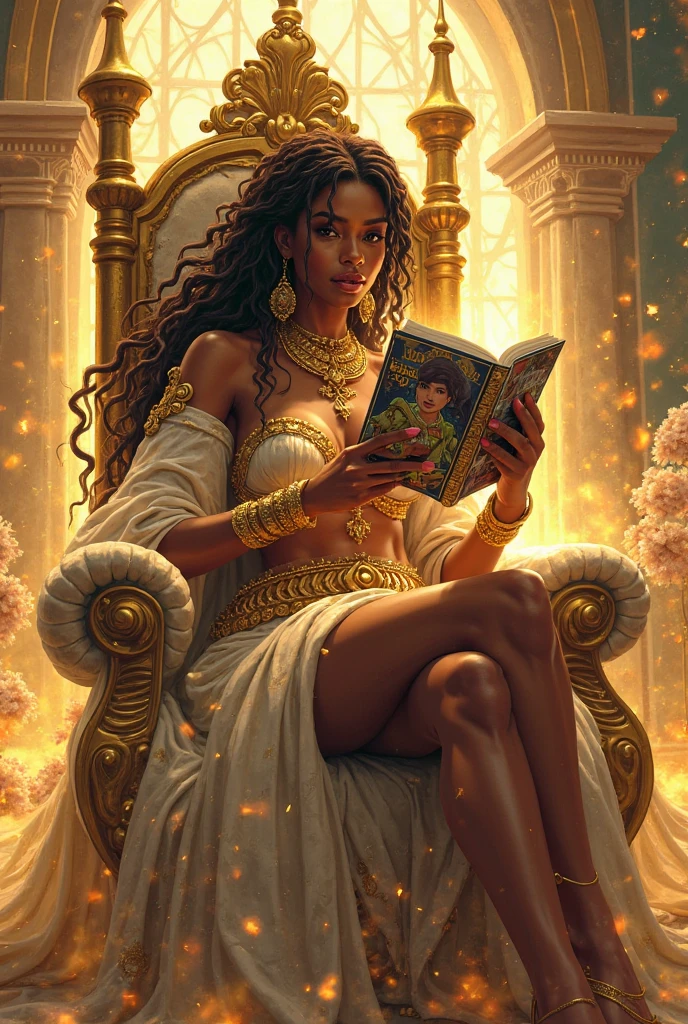  breasts, thighs, dark skin, long wavy black hair, green eyes, enchanted wet siren outfit, curious seductive expression, sitting on a ledge reading a book, ancient cathedral.