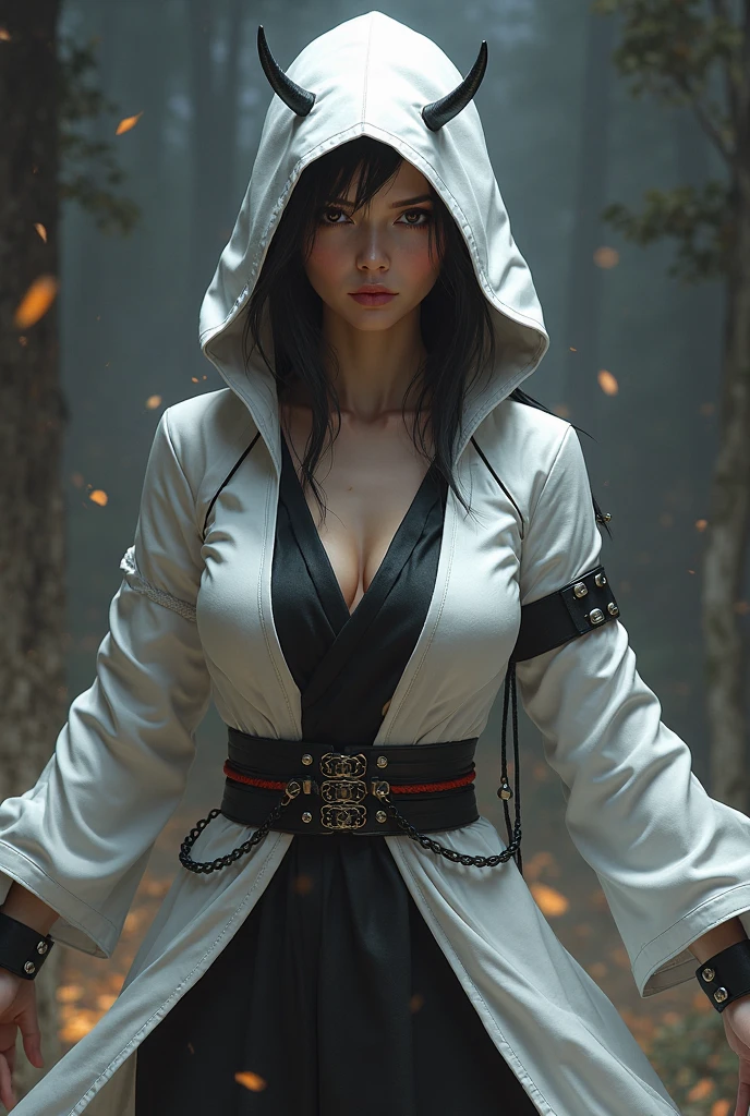 female barbarian ghost heavy symbiote, in heavy cotton white robes in rain, Best quality, Ultra detailed, Blender 3d humanify, Autodesk Maya, Unreal Engine 5.4 