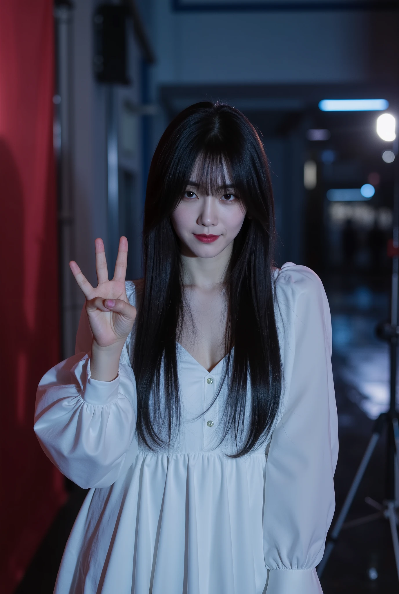 Create an image of a beautiful Japanese actress pauses during the filming of a horror movie, posing for a commemorative photo with fellow actresses. She has a ghostly pale complexion, unhealthy skin tone, and deep purple lips. Her long, messy black hair falls in a single length, with one eye obscured. She wears a flowing pure white dress, set against the backdrop of a film studio set. With a smile, she makes a V sign, illuminated by cinematic lighting.