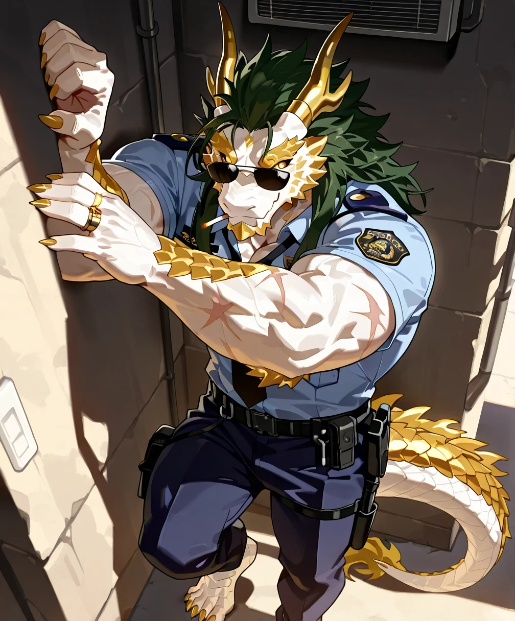 masterpiece, Top Quality, top quality combat bed , in motorized mode, anime style,Fantasy magic style ,( biceps ,Big Muscle, biceps male:1.1),alone, bust portrait,1 male,furry, White Oriental Dragon ,White Dragon Scales , White body , gold dragon horn , put a colorful ring on the dragon horn ,delicate eyes,detailed eyes,golden eyes,dark blue pupils,White sclera, Visible scars on face , white body 标记 ,5 dragon fingers ,5 toes, dragon claws:1.2,Golden Dragon Nails ,dark green hair , Tail cluster , wearing a police uniform ,( white dragon claws with an element ring floating on the back:1.2), sunshine,( sunshine照在脸上:1.3, wearing a police uniform ,Standing against the wall), Full body wearing a police uniform ,sunglasses, Cigarette in mouth ,, smile ,Standing against the wall,air conditioning , sunshine, sunshine, sunshine照在脸上, in a dark alley ,near-view,front viewer,by fansL :0.8,by bebebe:0.3,by sollyz:0.6,by shanggulangwang :0.6