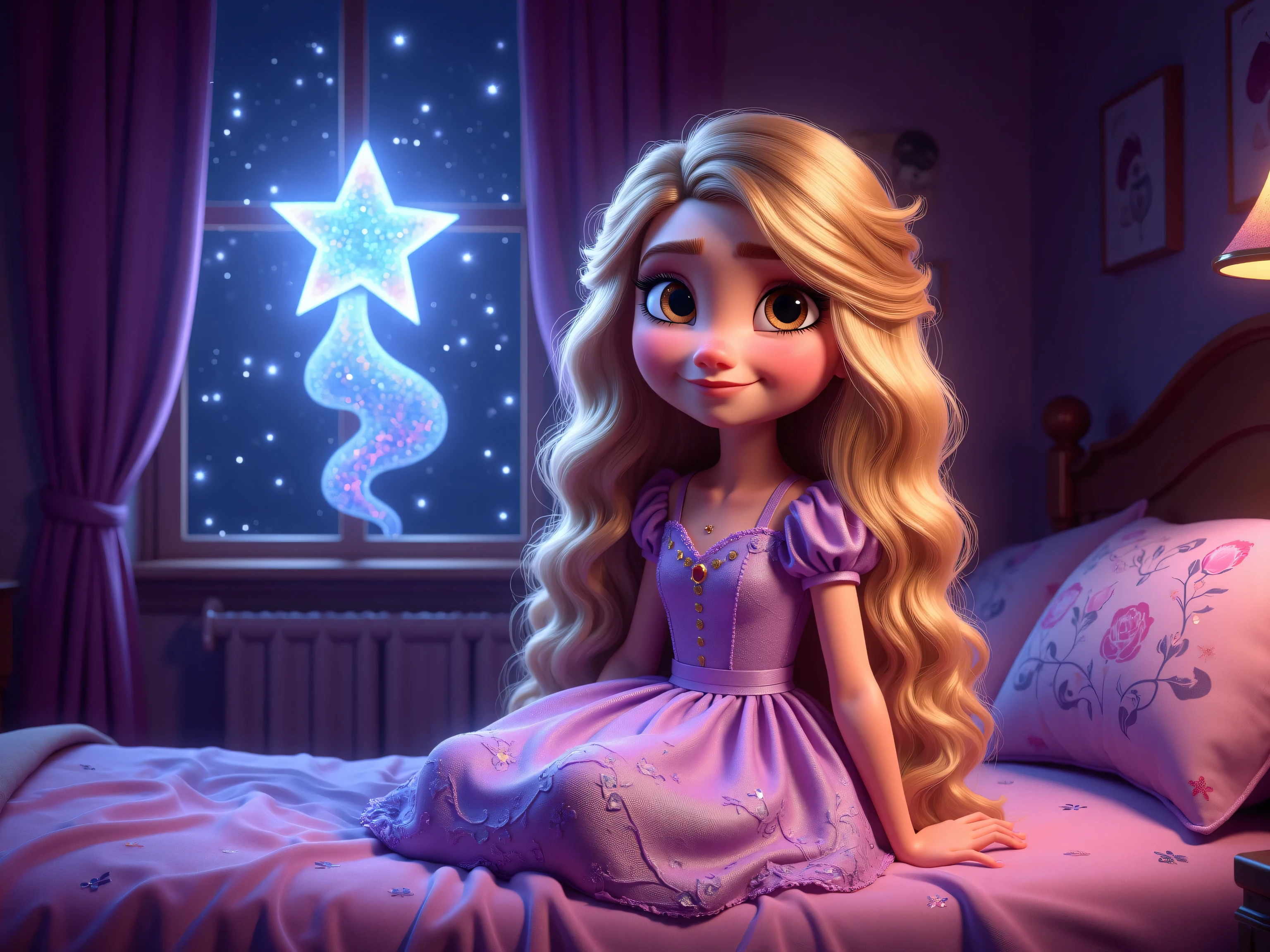Dandara, a girl with long wavy blond hair and light brown eyes wearing a simple lilac dress with beautiful details in the bedroom, and a star on the bedroom window shaped like a beautiful twinkling creature, with glitter and sparks surrounding her. Disney Pixar 3D Style Cartoon , with vibrant and emotional details .